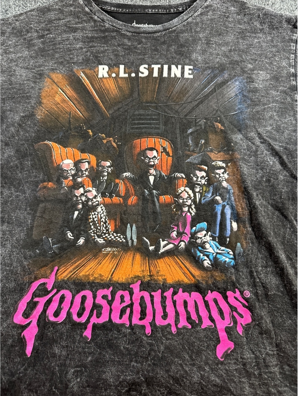 Goosebumps R.L. Stine Graphic T Shirt Black Acid Wash Horror Tee